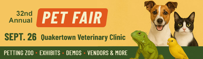 Pet Fair! - FREE Family Fun - Demonstrations, Kids Corner, Petting Zoo, Crafters, Vendors, Animals & Pets Galore. Adoptable Pets and Pet Rescues. Food & Refreshments, Music. See Quakertown Veterinary Clinic Facebook page for ALL the information!